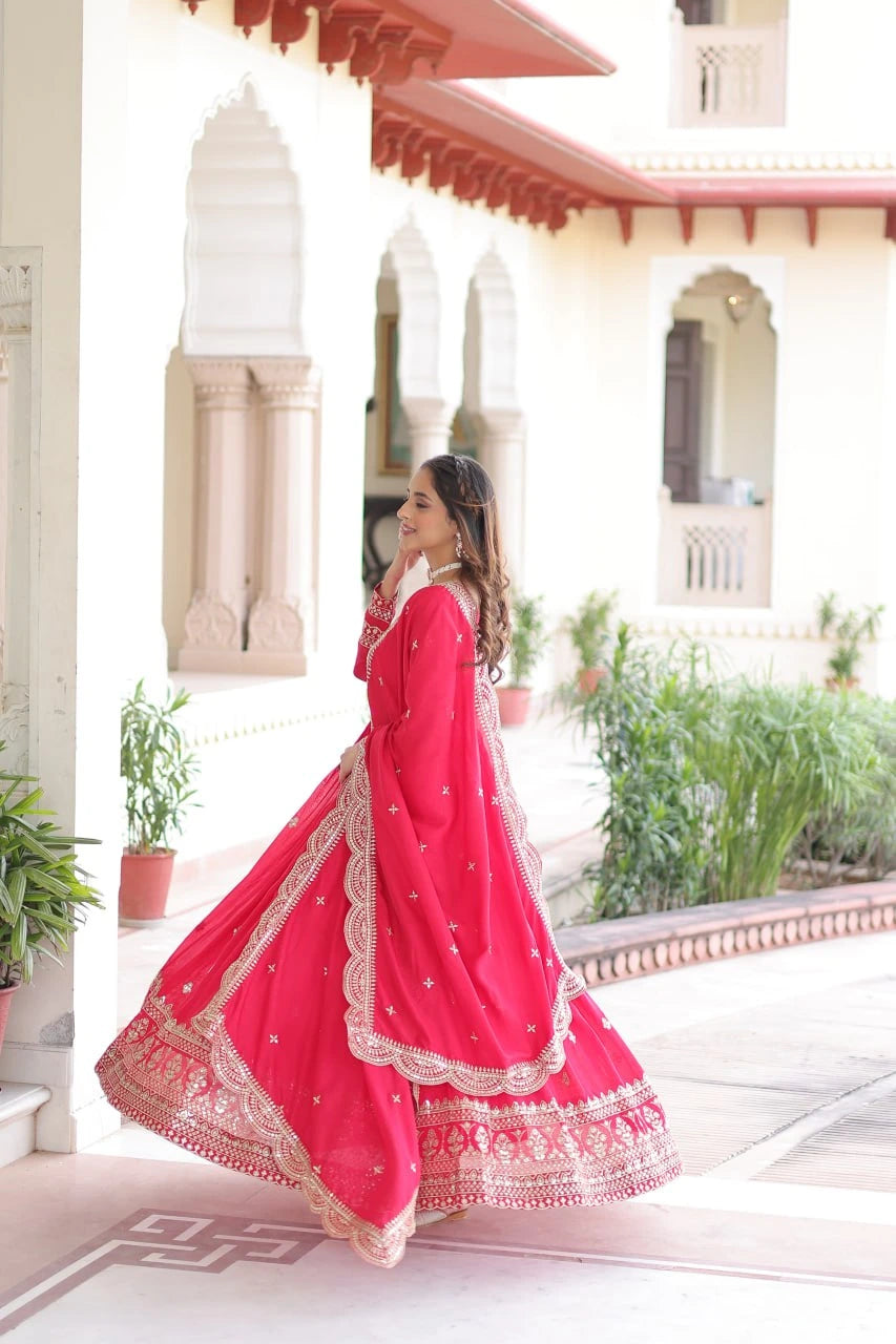 Dark Pink Sequins Zari Embroidery Work saree